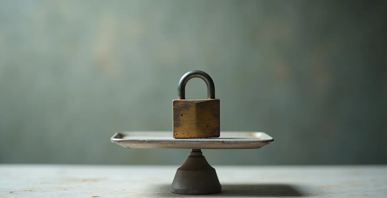 Photographie conceptuelle minimaliste d’une serrure ancienne posée sur une balance métallique avec lumière douce et fond épuré