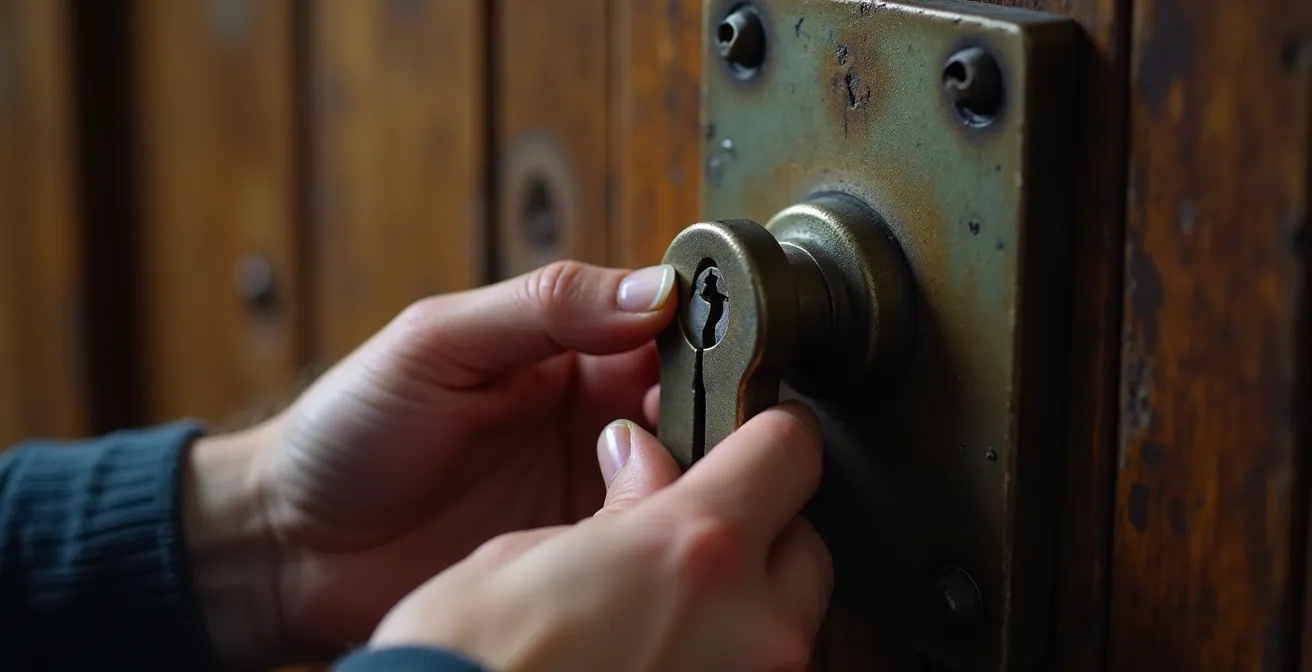 Photographie réaliste en gros plan d'un serrurier inspectant une serrure ancienne avec lumière douce, textures détaillées des mains et métal