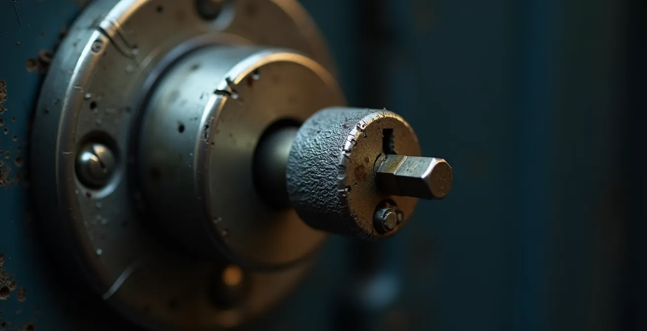 Photographie en gros plan réaliste d'un cylindre de serrure tournant dans le vide avec lumière cinématographique et textures détaillées