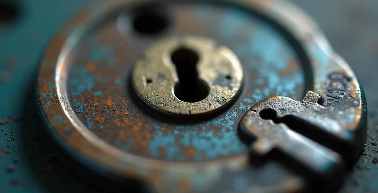 Photographie macro réaliste d'une serrure métallique avec détails des textures et lumière douce, montrant une clé partiellement insérée