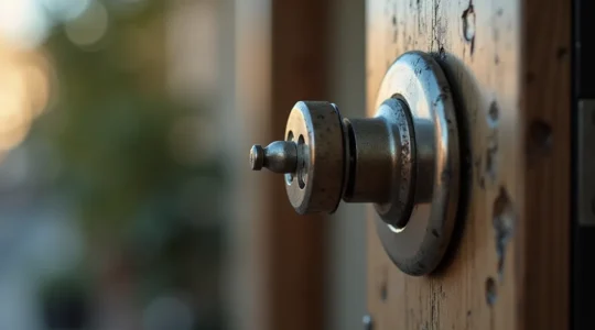 Photo réaliste d'une serrure de porte d'entrée légèrement usée, avec une clé insérée, éclairage cinématographique naturel, cadrage en tiers, fond propre et négatif