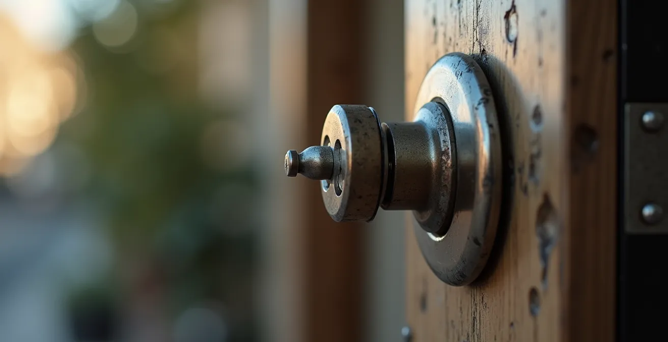 Photo réaliste d'une serrure de porte d'entrée légèrement usée, avec une clé insérée, éclairage cinématographique naturel, cadrage en tiers, fond propre et négatif